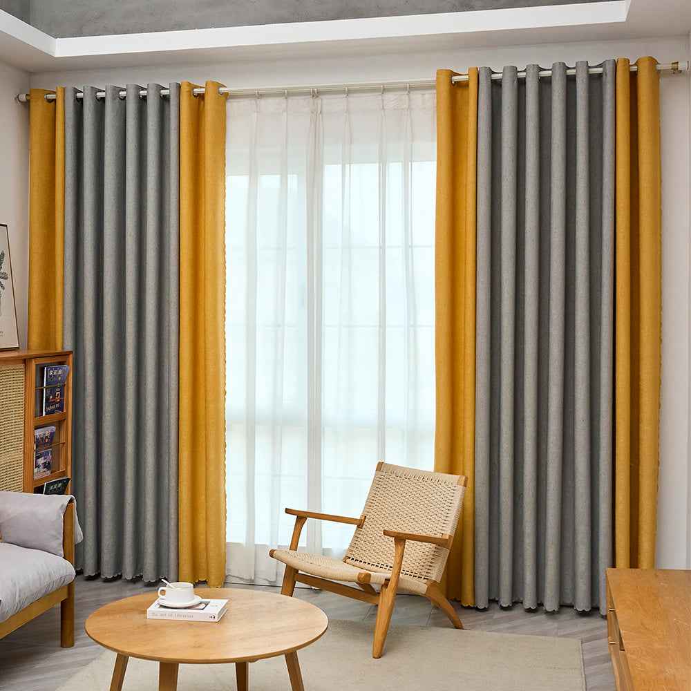 1pc Classic Gray & Yellow Fabric Patchwork Curtain - Light-Blocking, Machine Washable, Cordless Design for Bedroom & Living Room Decor, Curtains for Living Room
