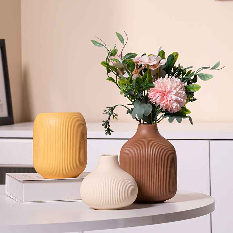 Ceramic Vase Set - Modern Nordic Minimalist Tall & Short Vases with Beige, Mustard Yellow, Brown & White Striped Patterns - Elegant Table Centerpiece for Home, Office, Dining Room Decor - Durable Ceramic Vases for Contemporar
