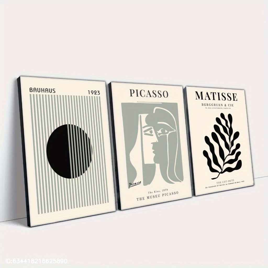 2D Flat, 3pcs Set Painting, Framed Canvas Posters for Home & Office Decor, Sage Green Wall Art, Bauhaus Poster, Modern Wall Art, Leaf Print, Minimalist Style, Abstract Art Décor, Line Art, Café, Living Room and Dorm Wall De