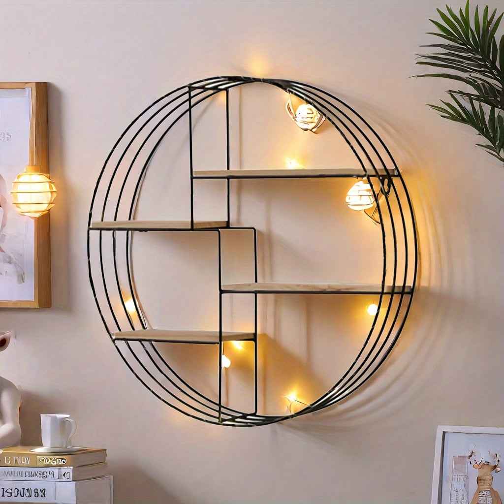 Golden, black, four-layer multi-functional storage shelf, round wall-mounted floating shelf - iron and wood combination, living room, bedroom, bathroom, dining and farmhouse storage multi-functional organizer (lights not incl