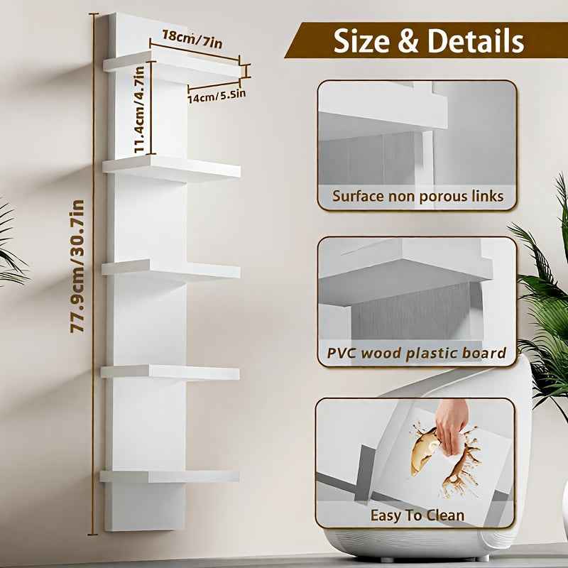 5-Tier White PVC Wall-Mounted Shelf System - Heavy-Duty 5-Layer Vertical Storage Unit with Space-Saving Shelving for Books, Plants & Decor, Modern Minimalist Hanging Cabinet for Bedroom, Living Room, Entryway - Easy Installat