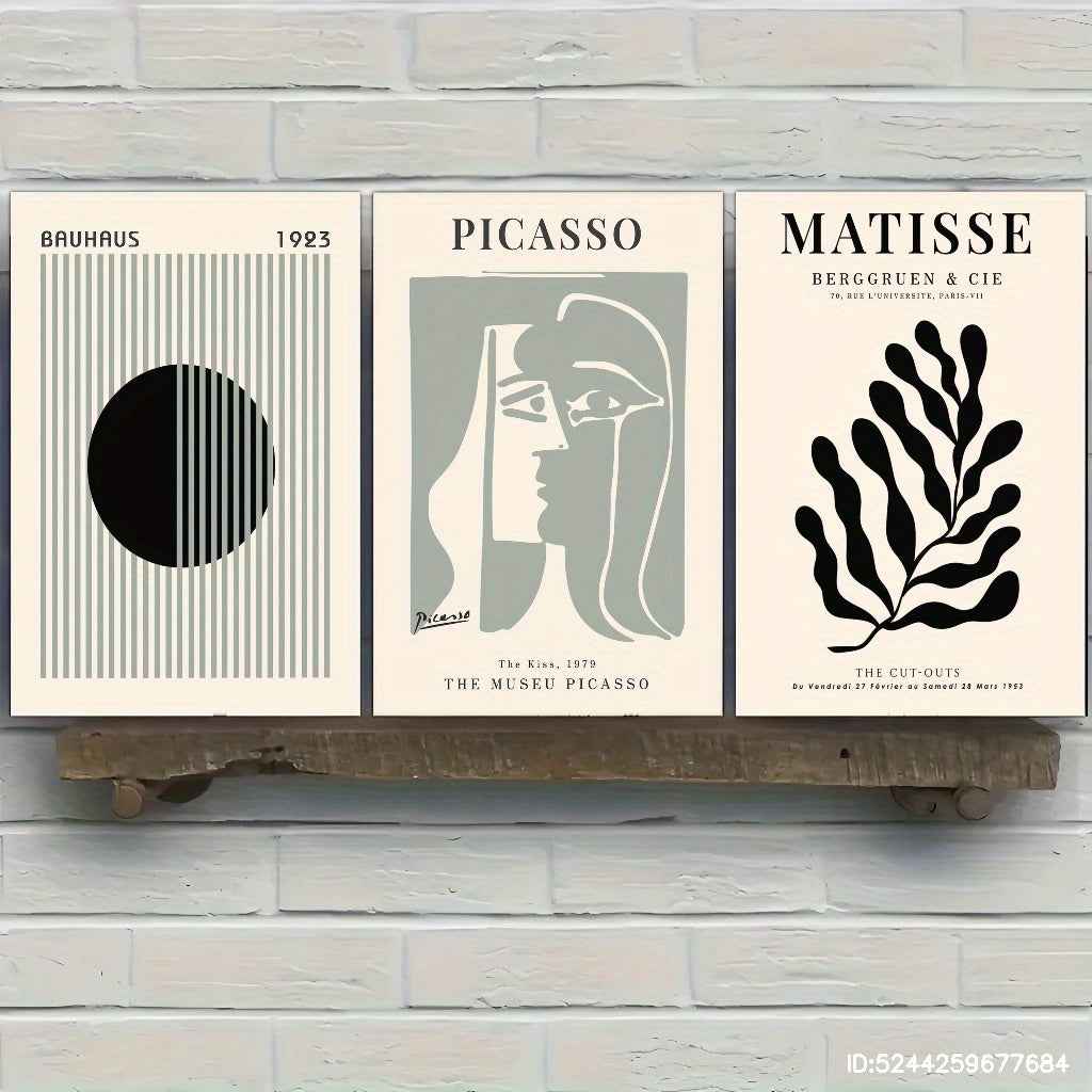 2D Flat, 3pcs Set Painting, Framed Canvas Posters for Home & Office Decor, Sage Green Wall Art, Bauhaus Poster, Modern Wall Art, Leaf Print, Minimalist Style, Abstract Art Décor, Line Art, Café, Living Room and Dorm Wall De