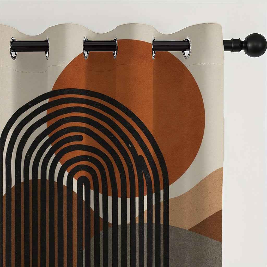 2pcs Modern Abstract Geometric Curtains - Brown, Orange, Black, Semi-Transparent, Grommet Top, Polyester, Machine Washable, Ideal for Living Room, Bedroom, Study, Kitchen, and Courtyard Decor, Curtains for Living Room, Curtai
