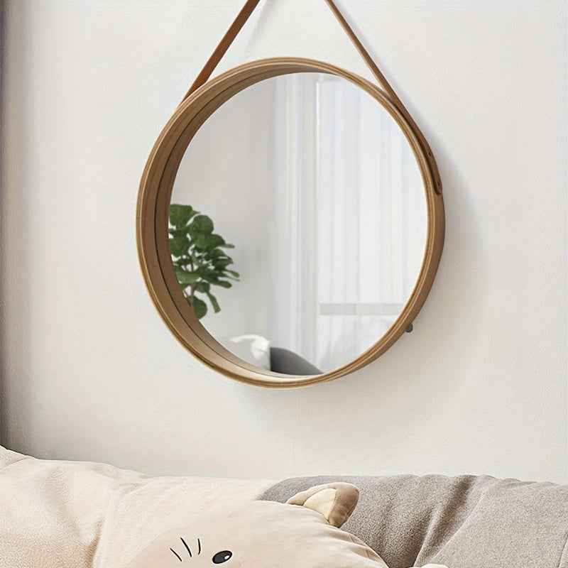 Vintage-Inspired Round Wall Mirror with Wooden Frame - No Drill, Moisture-Resistant Vanity & Bathroom Decor, Bedroom, Makeup Mirror