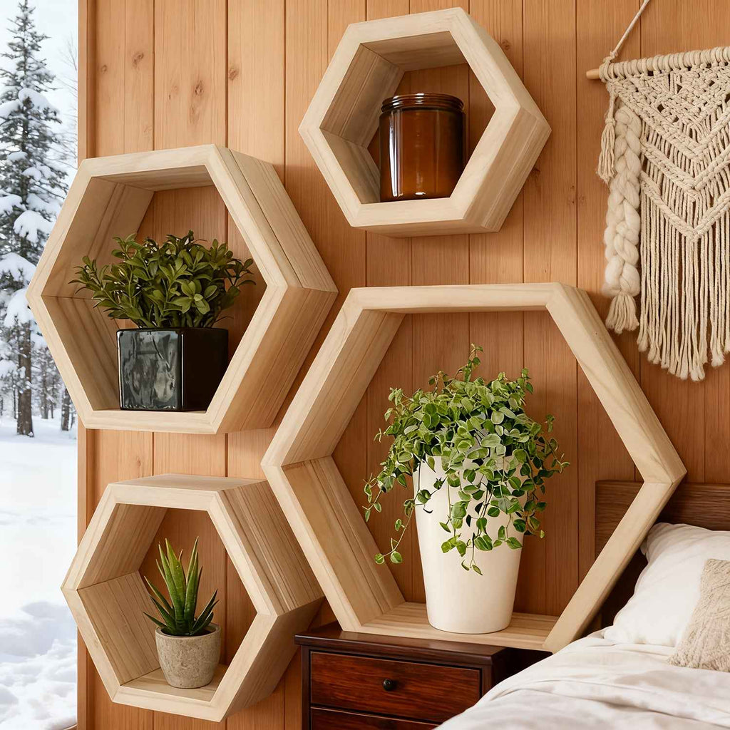4pcs Large Wooden Hexagonal Wall Shelves, Open Display Design, Style Hexagon Geometric Profile Connecting Minimalist Aesthetic and Christmas Warm Atmosphere, Suitable For Christmas Home Wall Decor, Holiday Ambiance Enhancemen