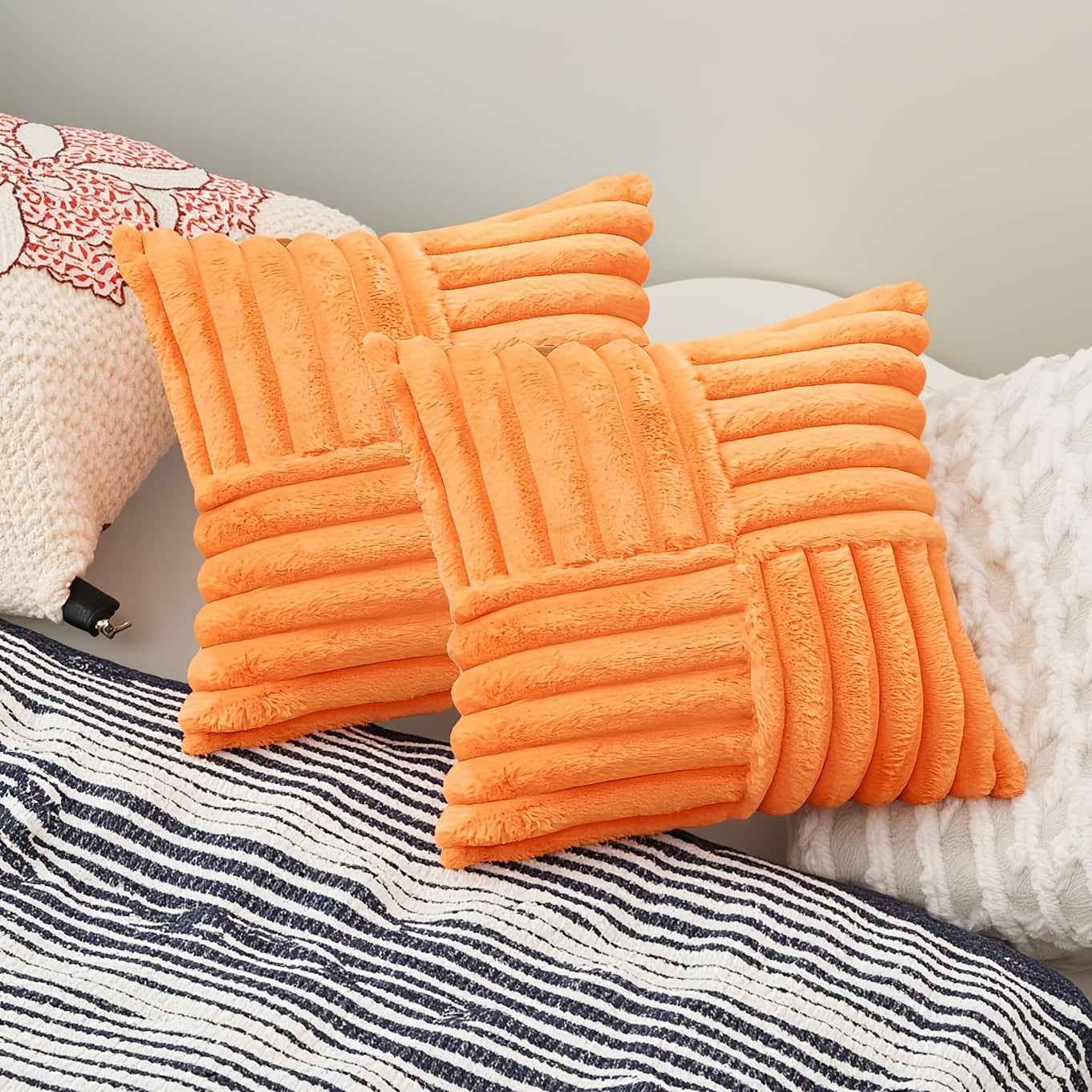 2pcs Soft Plush Faux Fur Throw Pillow Covers with Zipper Closure - Cozy Striped Design in Beige, Pink, Red, Gray - Perfect for Living Room Sofa & Bedroom Decor, Machine Washable, Bedroom Decor | Cozy Home Accents | Plush Text