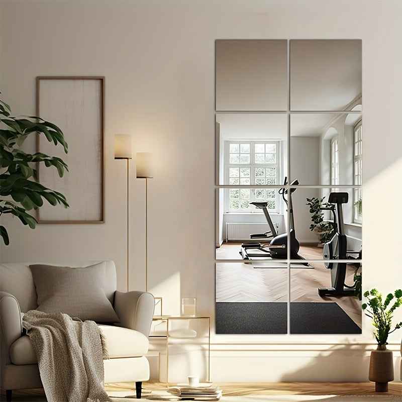 8pcs Classic Square Wall Mirror Tiles, 30.48cm x 25.4cm, Easy Stick-On Installation, Frameless Full-Length Dressing Mirrors for Bedroom, Home Gym, and Dorm Decor, Dorm Room Decor|Modern Aesthetic|Frameless Construction, Decor