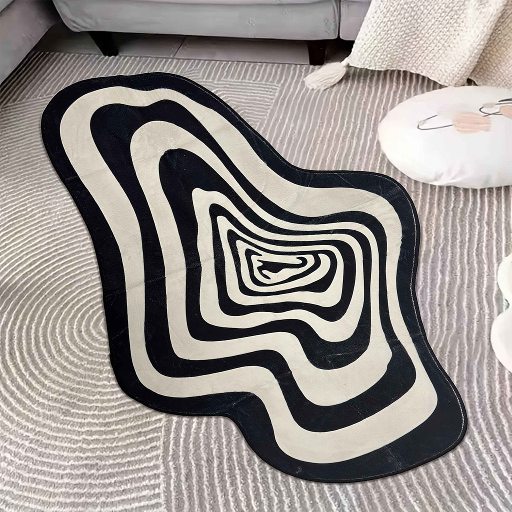 Large Elegant Velvet Swirl Area Mat - 850g/m², Machine Washable, Soft Polyester, Black and White Abstract Design, Suitable for Living Room, Bedroom or Sofa Area, Bedroom Decor | Abstract Pattern Mat | Machine Washable Mat, L