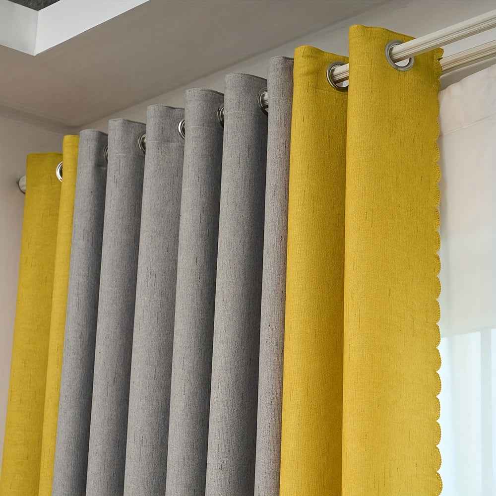1pc Classic Gray & Yellow Fabric Patchwork Curtain - Light-Blocking, Machine Washable, Cordless Design for Bedroom & Living Room Decor, Curtains for Living Room