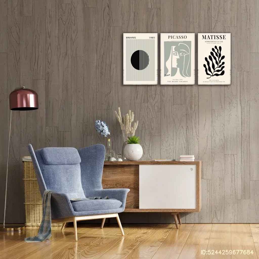 2D Flat, 3pcs Set Painting, Framed Canvas Posters for Home & Office Decor, Sage Green Wall Art, Bauhaus Poster, Modern Wall Art, Leaf Print, Minimalist Style, Abstract Art Décor, Line Art, Café, Living Room and Dorm Wall De