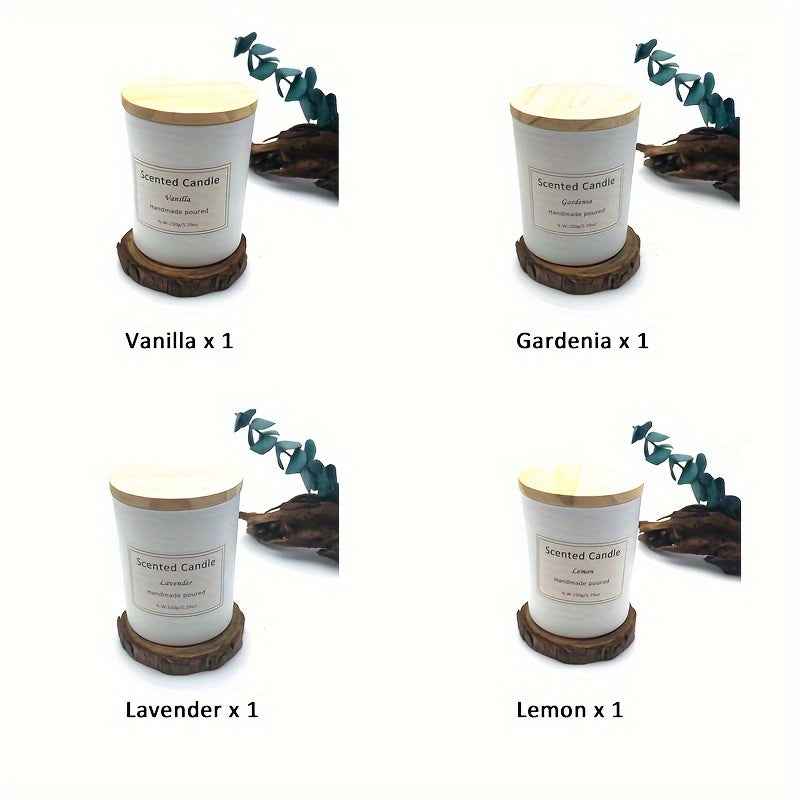 4-bottle Aromatherapy Candle Set | White Wooden Lid Glass Bottle Soy Wax Home Aromatherapy Candle Gift Box, 5.29oz, 35 Hours Burning, Wedding, Birthday, Halloween, Thanksgiving, Christmas Gift, Gardenia/Lavender/Lemon/Vanilla