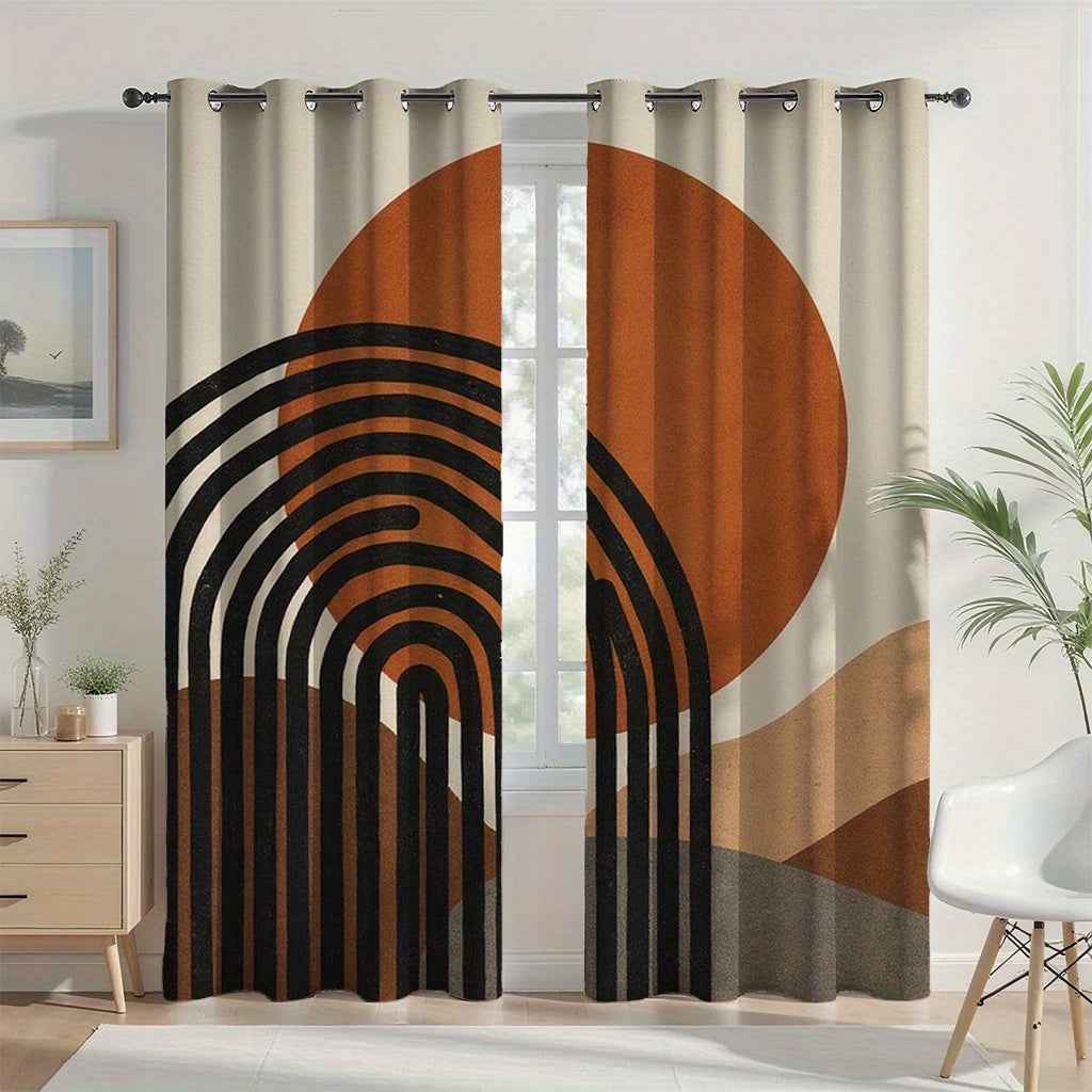 2pcs Modern Abstract Geometric Curtains - Brown, Orange, Black, Semi-Transparent, Grommet Top, Polyester, Machine Washable, Ideal for Living Room, Bedroom, Study, Kitchen, and Courtyard Decor, Curtains for Living Room, Curtai