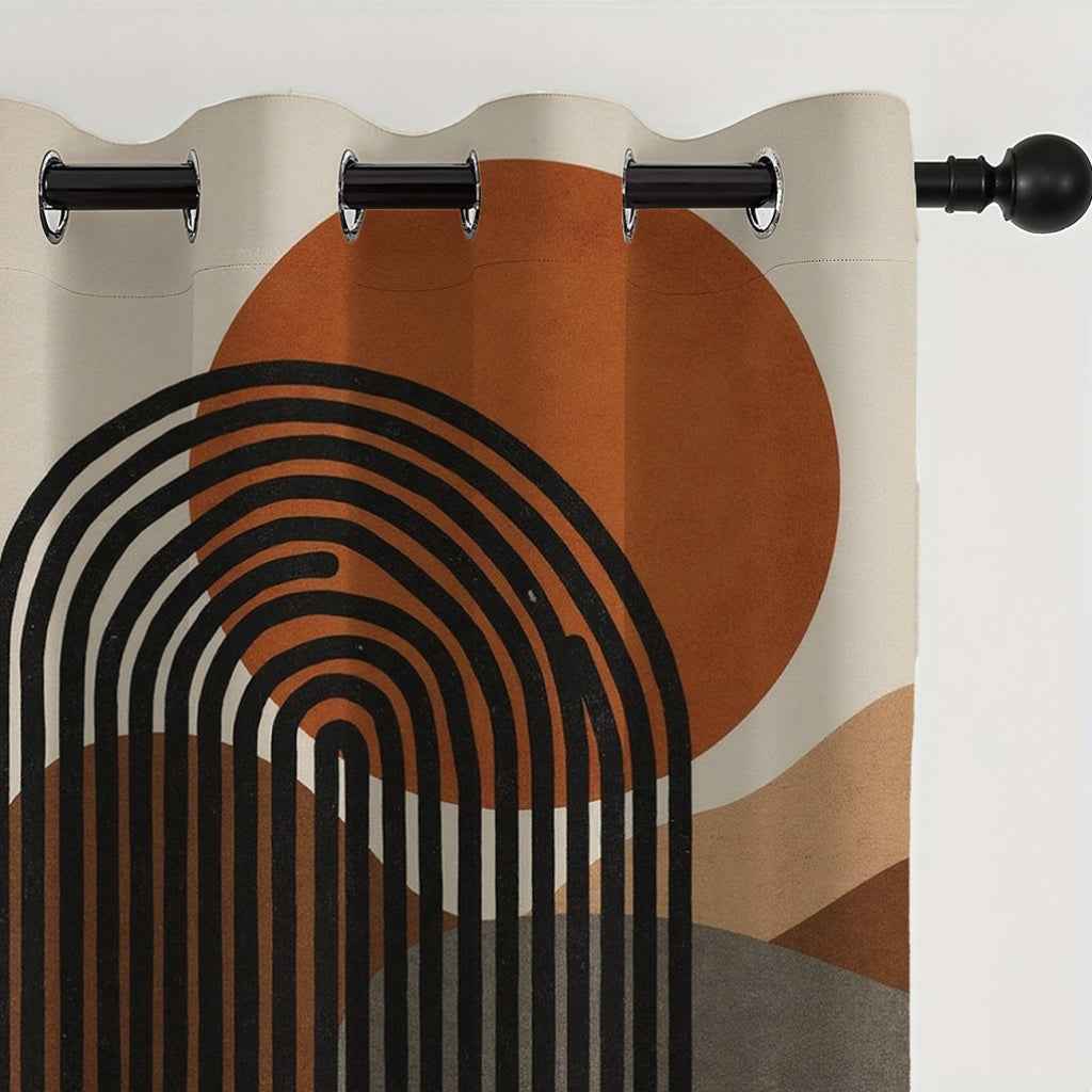 2pcs Modern Abstract Geometric Curtains - Brown, Orange, Black, Semi-Transparent, Grommet Top, Polyester, Machine Washable, Ideal for Living Room, Bedroom, Study, Kitchen, and Courtyard Decor, Curtains for Living Room, Curtai