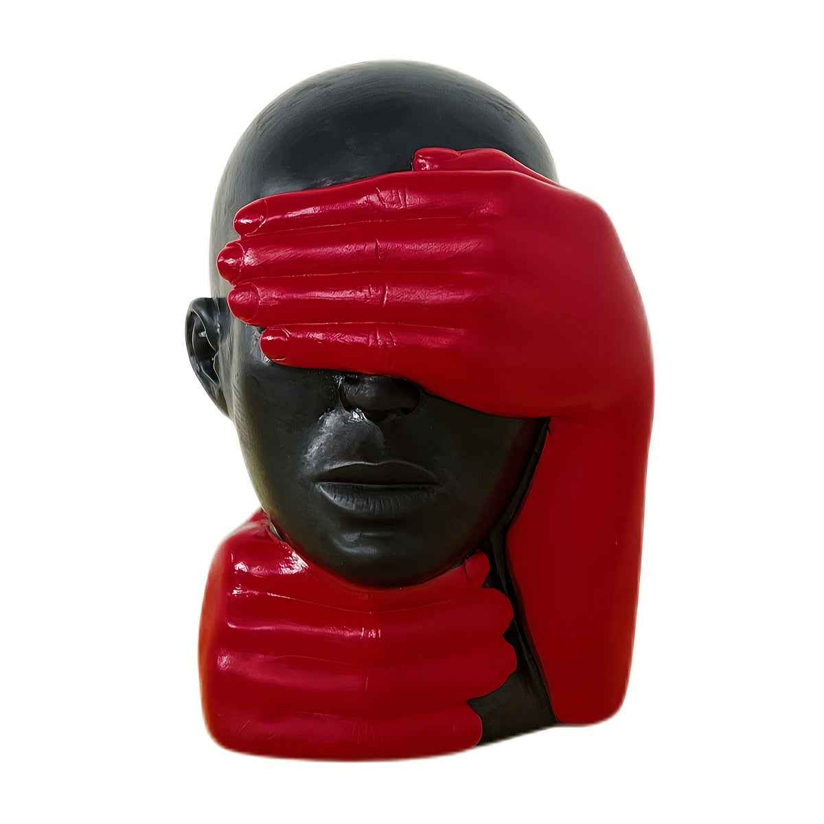 Modern Abstract Resin Sculpture - Hand-Covered Face Art Decor for Contemporary Home or Office, Black and Red Figurine, Unique Holiday Decoration, Holiday Decor Accent | Abstract Sculpture | Resin Construction, Statues for Hom