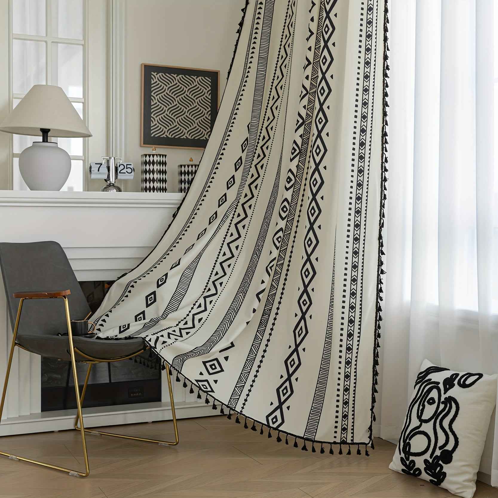 2 See Bohemian Black Geometric Tassel Kitchen Curtains, Black Modern Farmhouse Window Curtains for Bedroom, Living Room, Bathroom, Office - Polyester, Rod Pocket, Light Filtering, Washable