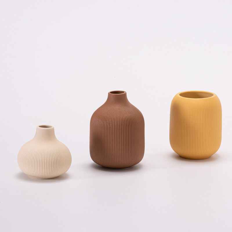 Ceramic Vase Set - Modern Nordic Minimalist Tall & Short Vases with Beige, Mustard Yellow, Brown & White Striped Patterns - Elegant Table Centerpiece for Home, Office, Dining Room Decor - Durable Ceramic Vases for Contemporar