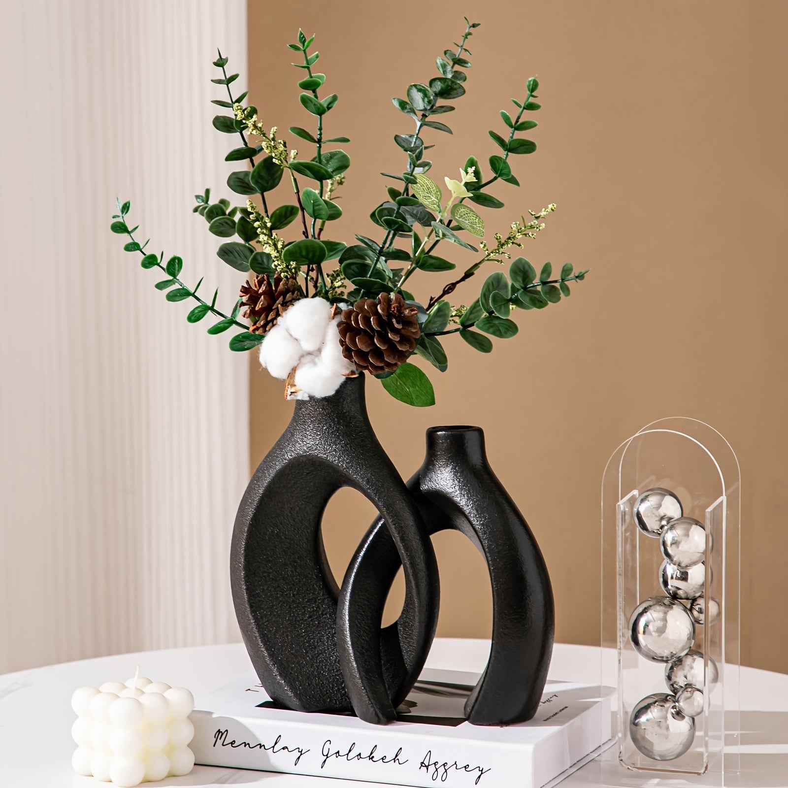 Contemporary Ceramic Vase Set, 2 Piece, Geometric Pedestal Bud Vases, Solid Pattern, Decorative Floral Arrangement Holders for Home Decor