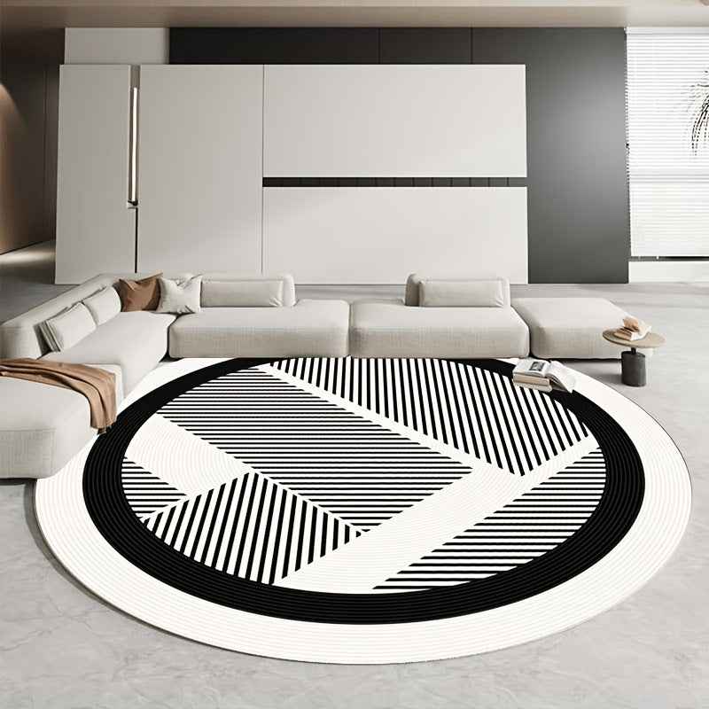 Geometric Rhythm Black and White Mat - Soft, Durable, Non-Slip, Machine Washable Striped Mat, Suitable for Living Room or Office Decor, Lightweight Polyester Blend, Vintage Design, Neutral Cream Color, Minimalist Style, Livin