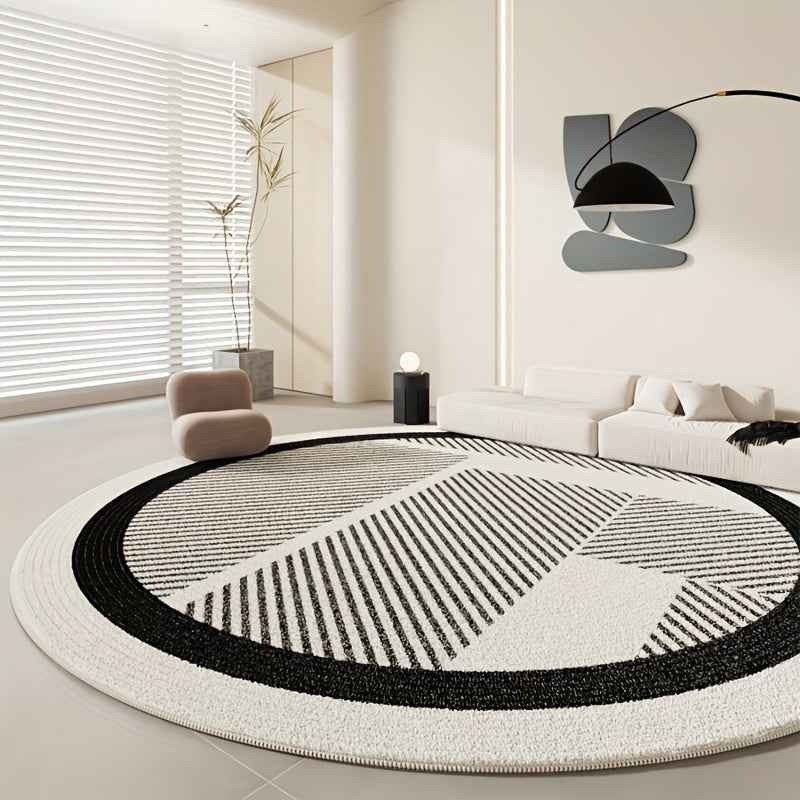 Geometric Rhythm Black and White Mat - Soft, Durable, Non-Slip, Machine Washable Striped Mat, Suitable for Living Room or Office Decor, Lightweight Polyester Blend, Vintage Design, Neutral Cream Color, Minimalist Style, Livin