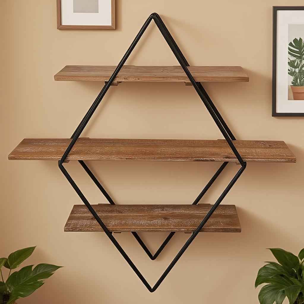 1pc Retro Three-Layer Storage Rack, Rural Simple Style Storage Cabinet Wall Rack, Iron And Wooden Storage Rack, Kitchen Spice Storage Rack, Study Book Storage Rack, Hanging Decoration, Suitable for Living Room, Study, Kitchen