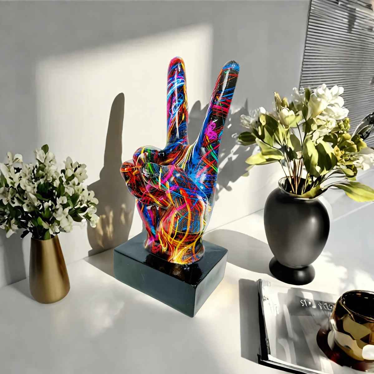 Contemporary Resin Peace Sign Sculpture - Vibrant Abstract Art Decor for Living Room, Thanksgiving Holiday Display, Unique Gift Idea, No Power Needed, Home DecorContemporary Resin Peace Sign Sculpture - Vibrant Abstract Art D