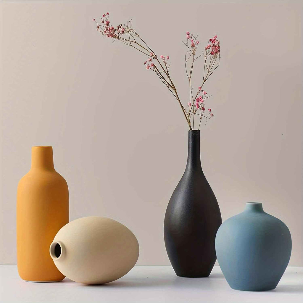4pcs Art Deco Ceramic Vase Set, Minimalist Cylinder Shape in Black, Yellow, Blue, Beige - Modern Farmhouse Home Decor for Living Room, Shelf, Table, Bookshelf, Fireplace Mantel, Entryway - Ideal Gift for Loved Ones