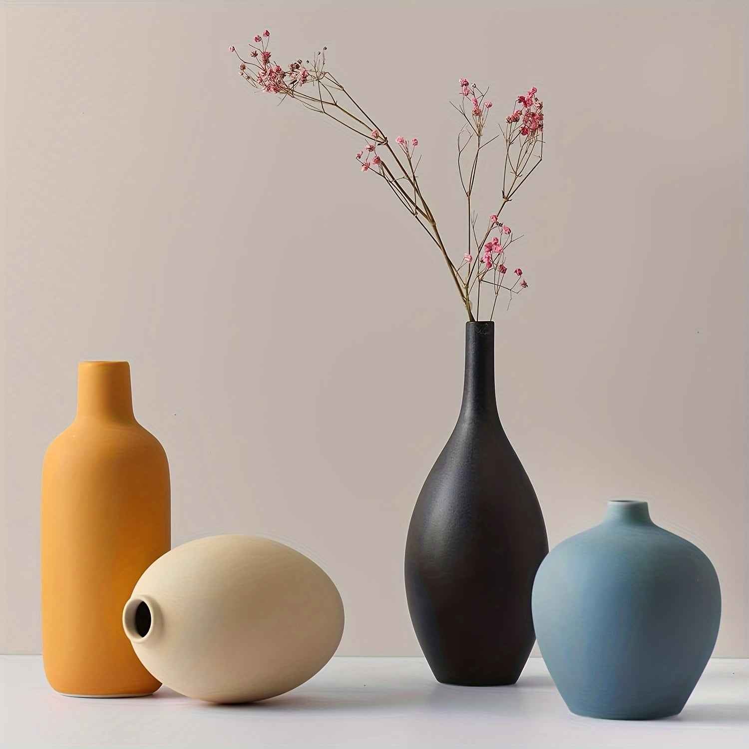 4pcs Art Deco Ceramic Vase Set, Minimalist Cylinder Shape in Black, Yellow, Blue, Beige - Modern Farmhouse Home Decor for Living Room, Shelf, Table, Bookshelf, Fireplace Mantel, Entryway - Ideal Gift for Loved Ones