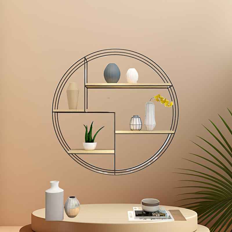 Golden, black, four-layer multi-functional storage shelf, round wall-mounted floating shelf - iron and wood combination, living room, bedroom, bathroom, dining and farmhouse storage multi-functional organizer (lights not incl