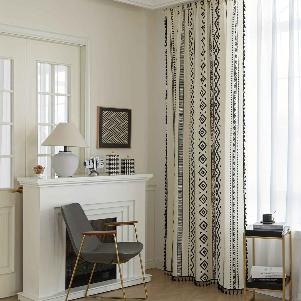 2 See Bohemian Black Geometric Tassel Kitchen Curtains, Black Modern Farmhouse Window Curtains for Bedroom, Living Room, Bathroom, Office - Polyester, Rod Pocket, Light Filtering, Washable