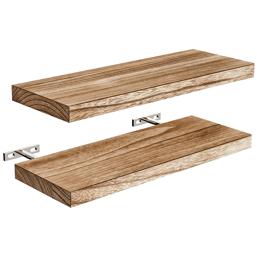 Rustic Wood Floating Shelves - Wall Mounted Home Decor with Heavy Duty Brackets, Natural Wood Finish, Easy to Install, Perfect for Living Room, Bedroom, Bathroom, Kitchen And Study, Display Photos, Plants, Books And More, Ver