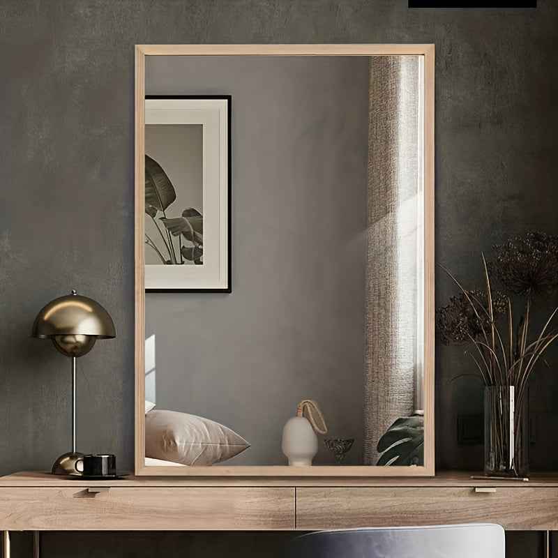 Modern Minimalist Wooden Frame Mirror - Horizontal Rectangular Wall-Mounted Decorative Mirror with Surface, Natural Wood Finish, Perfect for Living Room, Bedroom, Or Office