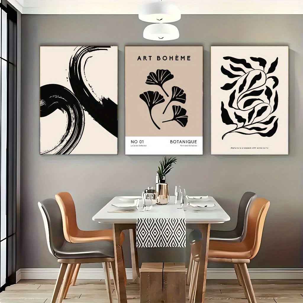 2D Flat 3pcs/set Canvas Painting Set, Contemporary Framed Artwork for Living Room & Dining Room - Wooden Frame DecorModern minimalist art, leaf poster, Bar, Cafe, Living Room, home and dormitory wall decoration, 2D Flat