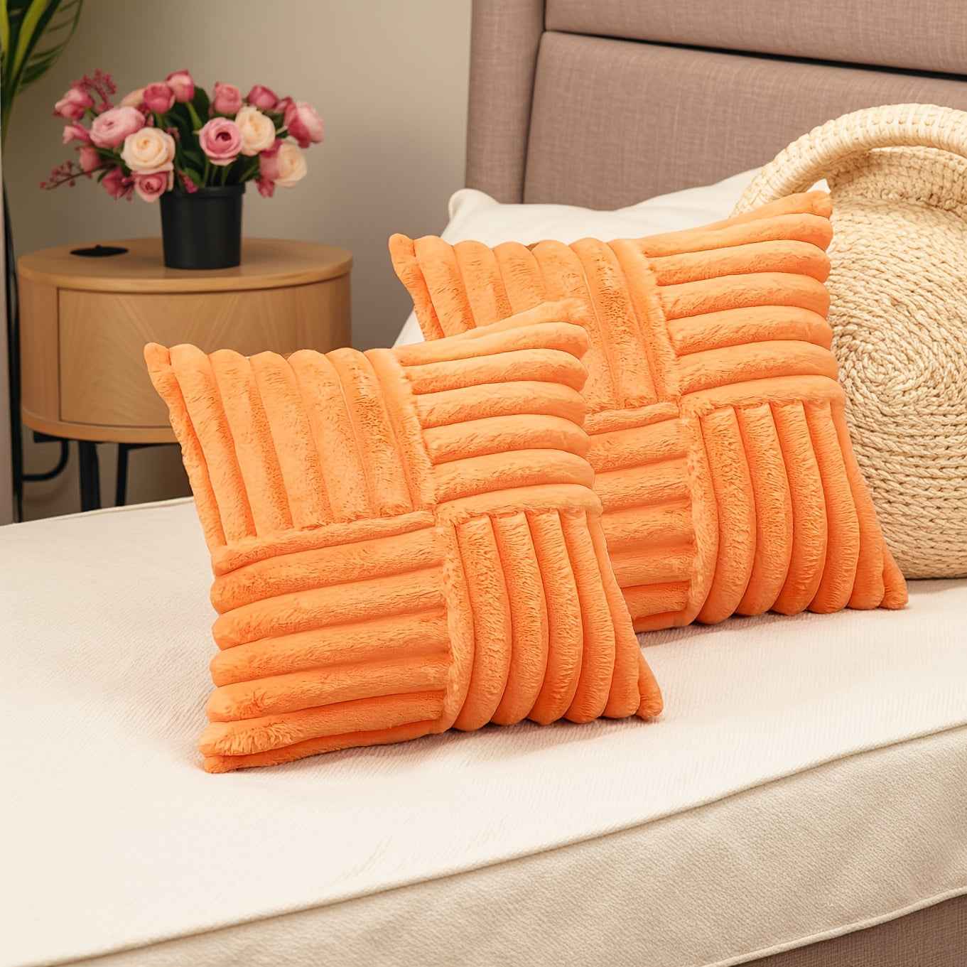 2pcs Soft Plush Faux Fur Throw Pillow Covers with Zipper Closure - Cozy Striped Design in Beige, Pink, Red, Gray - Perfect for Living Room Sofa & Bedroom Decor, Machine Washable, Bedroom Decor | Cozy Home Accents | Plush Text