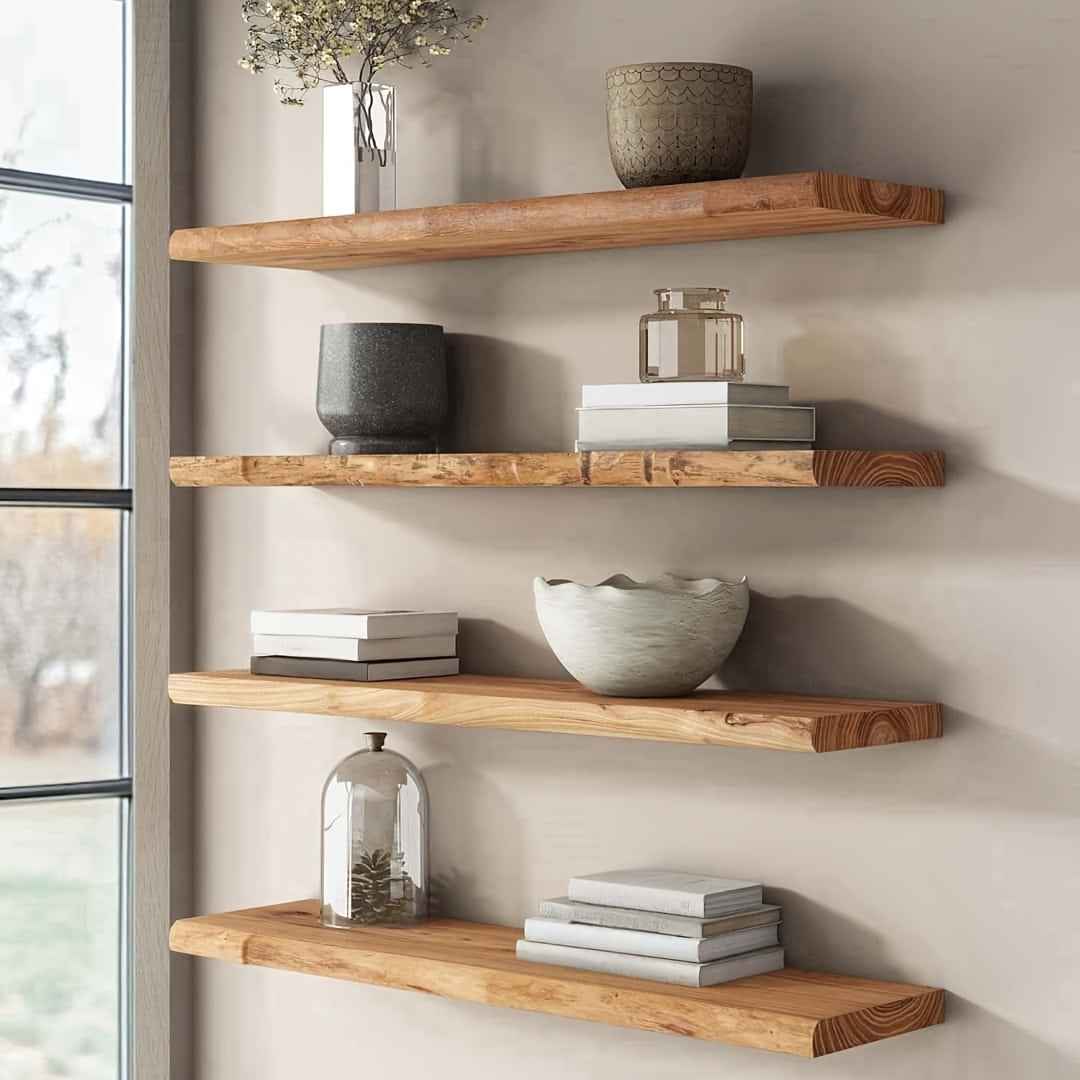 Rustic Wood Floating Shelves - Wall Mounted Home Decor with Heavy Duty Brackets, Natural Wood Finish, Easy to Install, Perfect for Living Room, Bedroom, Bathroom, Kitchen And Study, Display Photos, Plants, Books And More, Ver