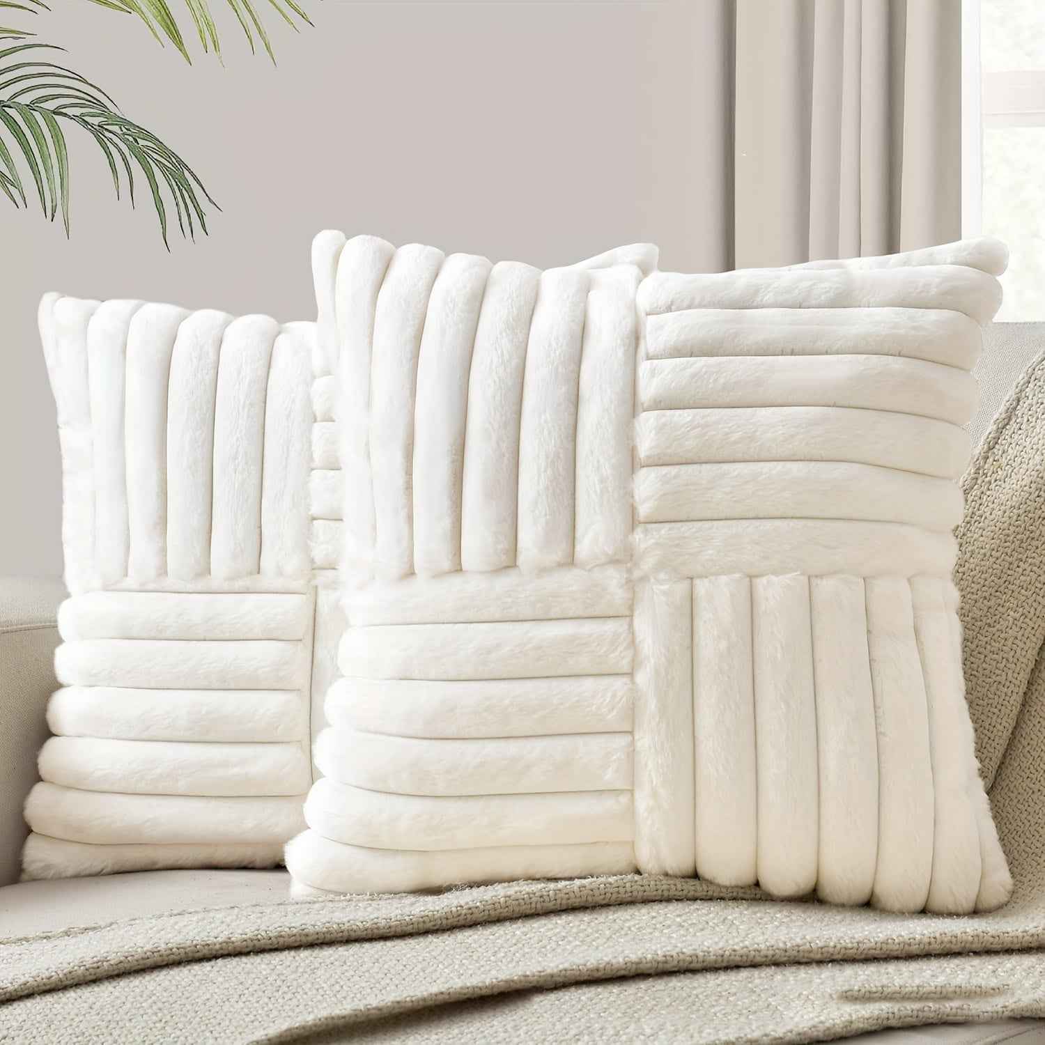 2pcs Soft Plush Faux Fur Throw Pillow Covers with Zipper Closure - Cozy Striped Design in Beige, Pink, Red, Gray - Perfect for Living Room Sofa & Bedroom Decor, Machine Washable, Bedroom Decor | Cozy Home Accents | Plush Text