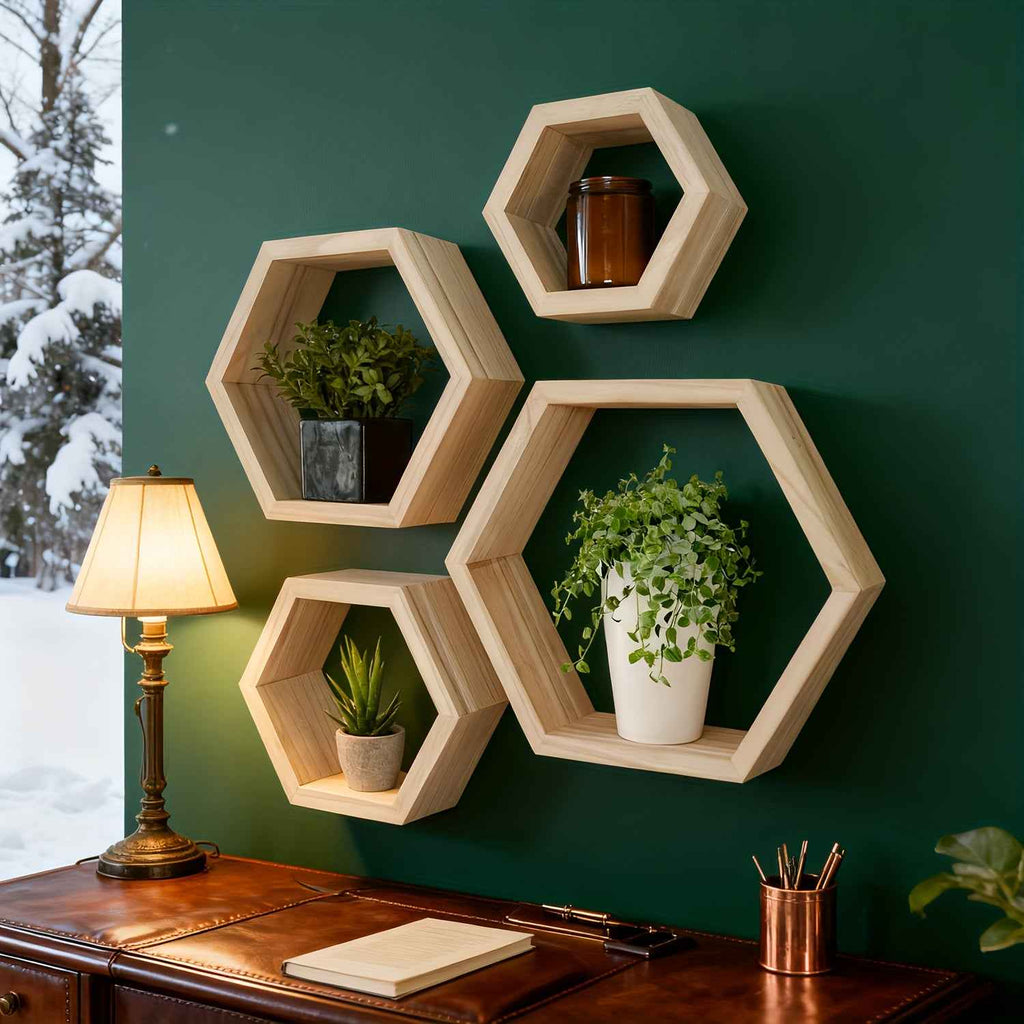 4pcs Large Wooden Hexagonal Wall Shelves, Open Display Design, Style Hexagon Geometric Profile Connecting Minimalist Aesthetic and Christmas Warm Atmosphere, Suitable For Christmas Home Wall Decor, Holiday Ambiance Enhancemen