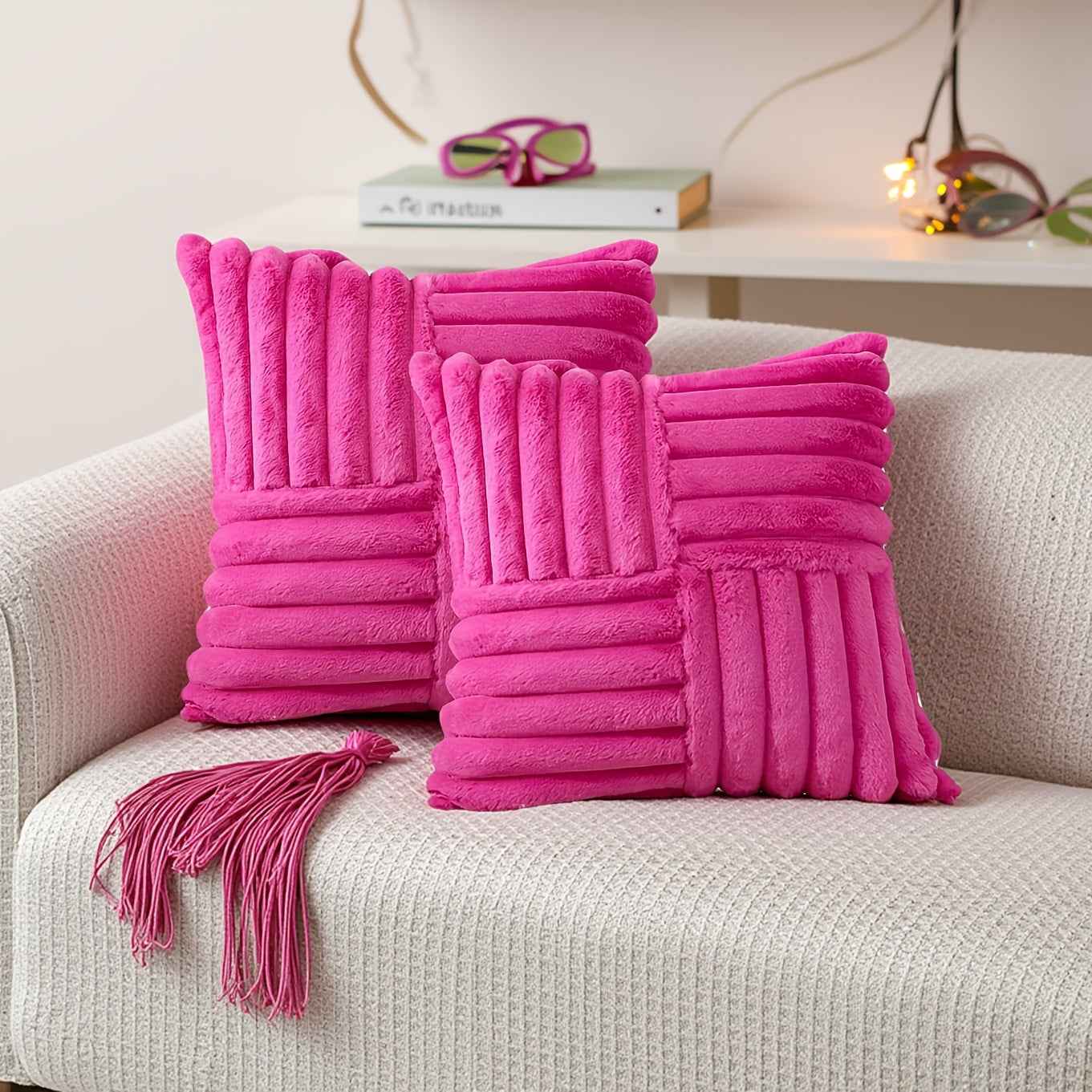 2pcs Soft Plush Faux Fur Throw Pillow Covers with Zipper Closure - Cozy Striped Design in Beige, Pink, Red, Gray - Perfect for Living Room Sofa & Bedroom Decor, Machine Washable, Bedroom Decor | Cozy Home Accents | Plush Text