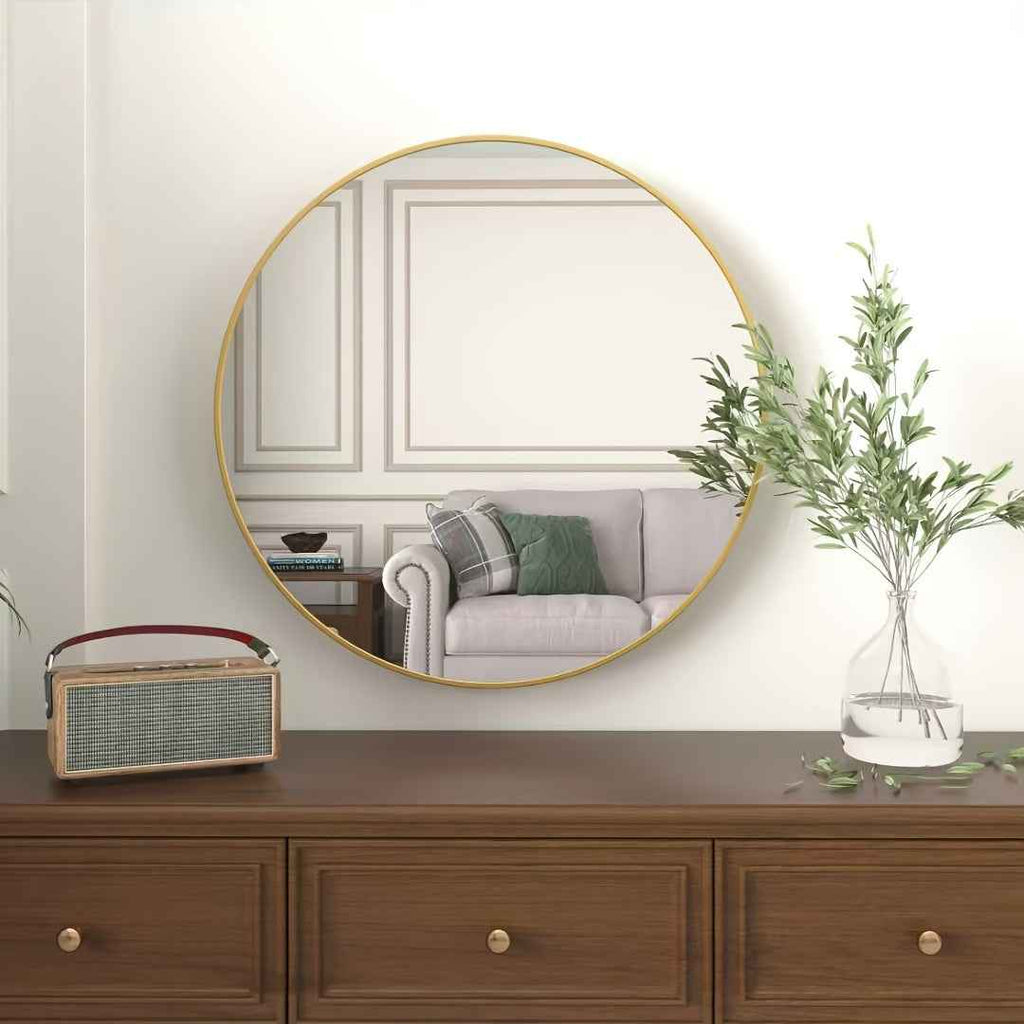 Large-sized wall mirror, 60cm round Golden mirror with metal frame, suitable for decorating circular walls in bathrooms, bedrooms, and entryways