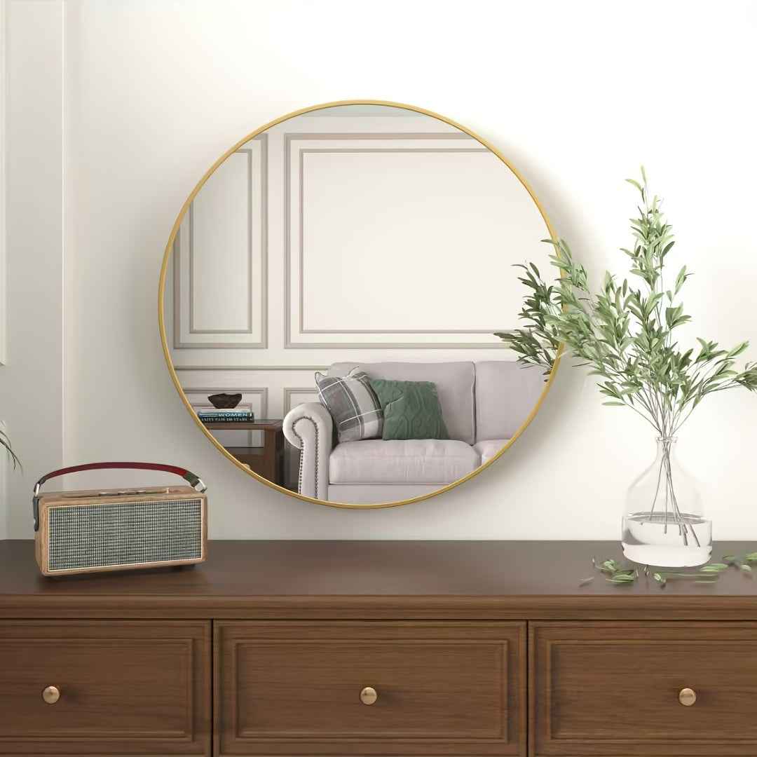 Large-sized wall mirror, 60cm round Golden mirror with metal frame, suitable for decorating circular walls in bathrooms, bedrooms, and entryways