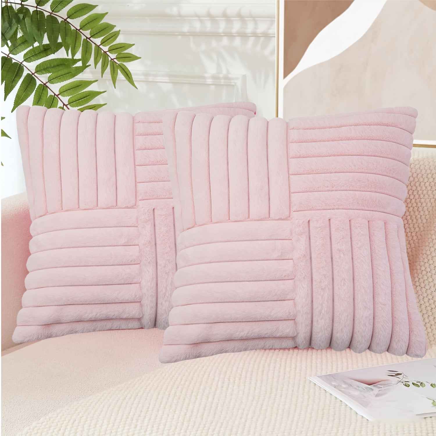 2pcs Soft Plush Faux Fur Throw Pillow Covers with Zipper Closure - Cozy Striped Design in Beige, Pink, Red, Gray - Perfect for Living Room Sofa & Bedroom Decor, Machine Washable, Bedroom Decor | Cozy Home Accents | Plush Text