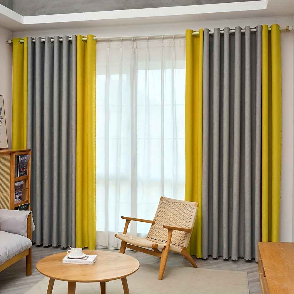 1pc Classic Gray & Yellow Fabric Patchwork Curtain - Light-Blocking, Machine Washable, Cordless Design for Bedroom & Living Room Decor, Curtains for Living Room
