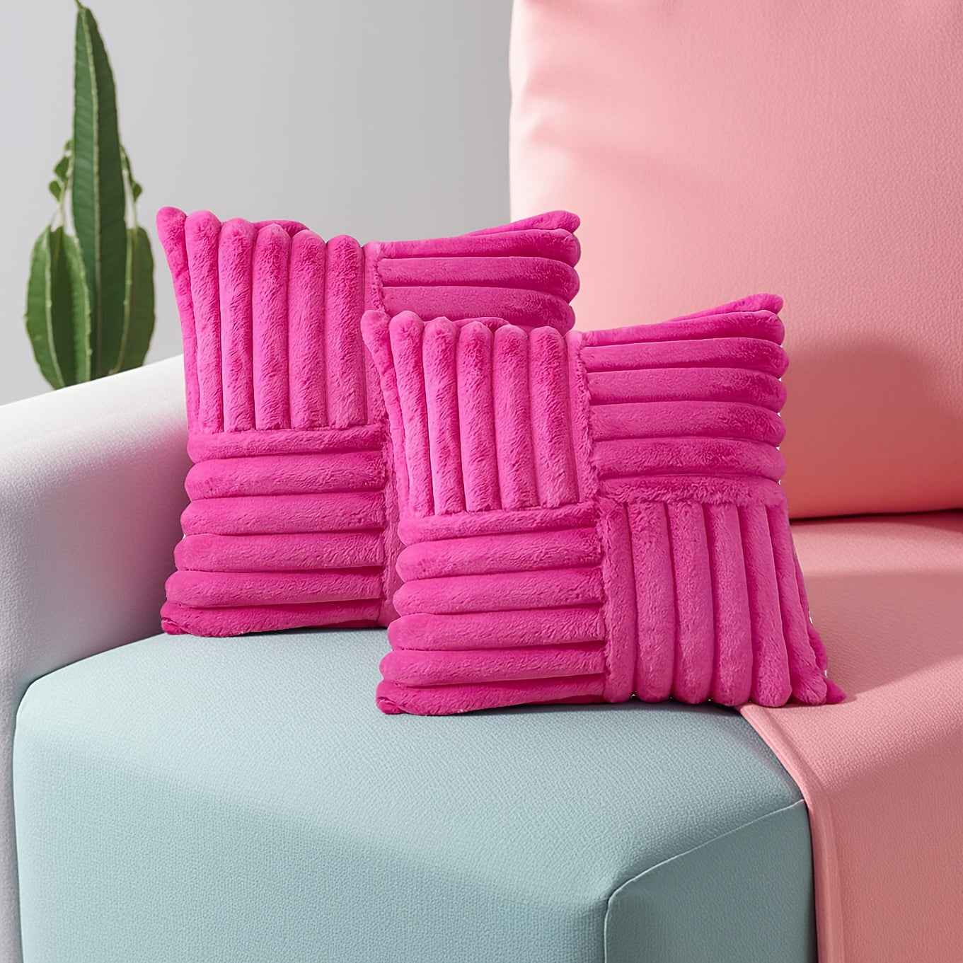 2pcs Soft Plush Faux Fur Throw Pillow Covers with Zipper Closure - Cozy Striped Design in Beige, Pink, Red, Gray - Perfect for Living Room Sofa & Bedroom Decor, Machine Washable, Bedroom Decor | Cozy Home Accents | Plush Text