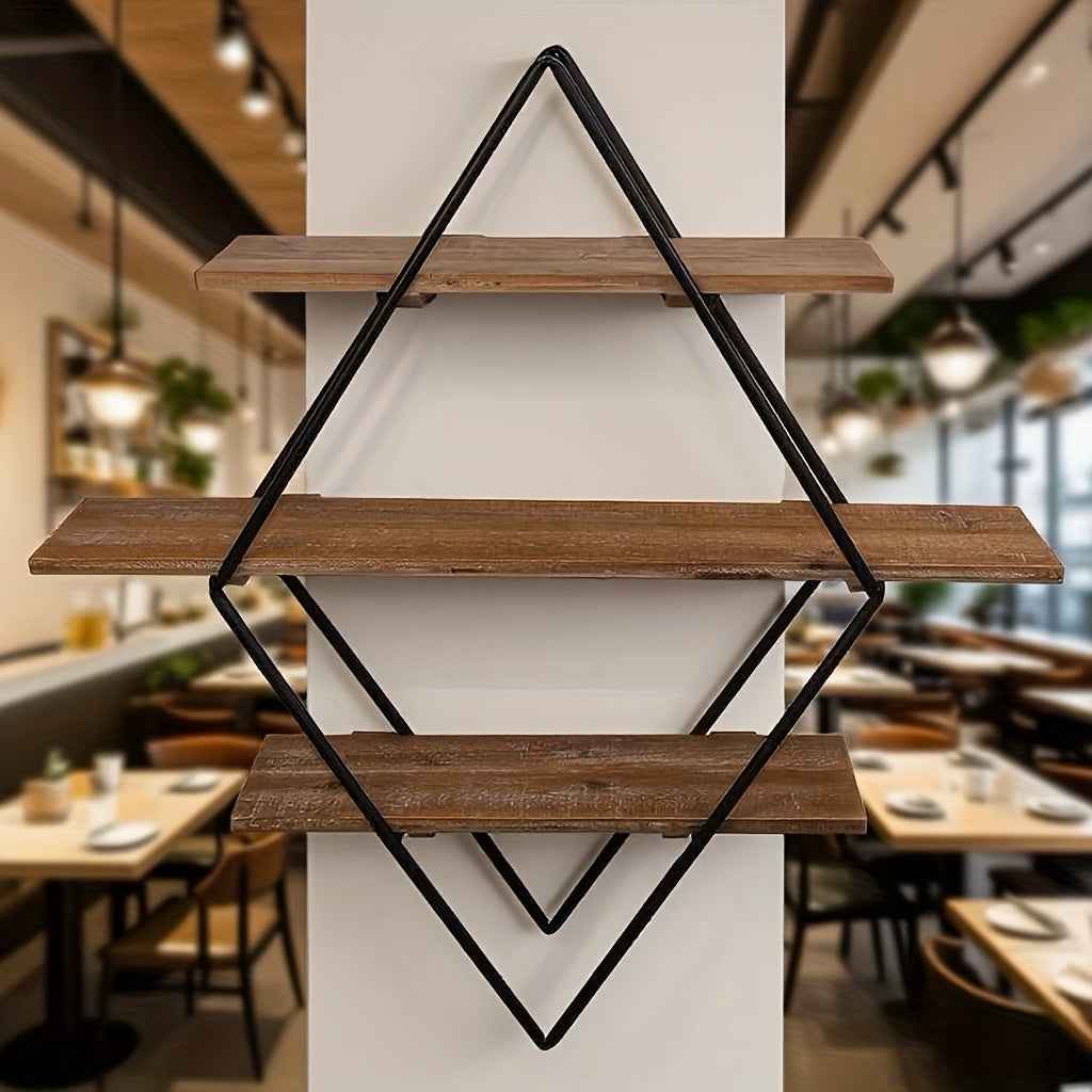 1pc Retro Three-Layer Storage Rack, Rural Simple Style Storage Cabinet Wall Rack, Iron And Wooden Storage Rack, Kitchen Spice Storage Rack, Study Book Storage Rack, Hanging Decoration, Suitable for Living Room, Study, Kitchen