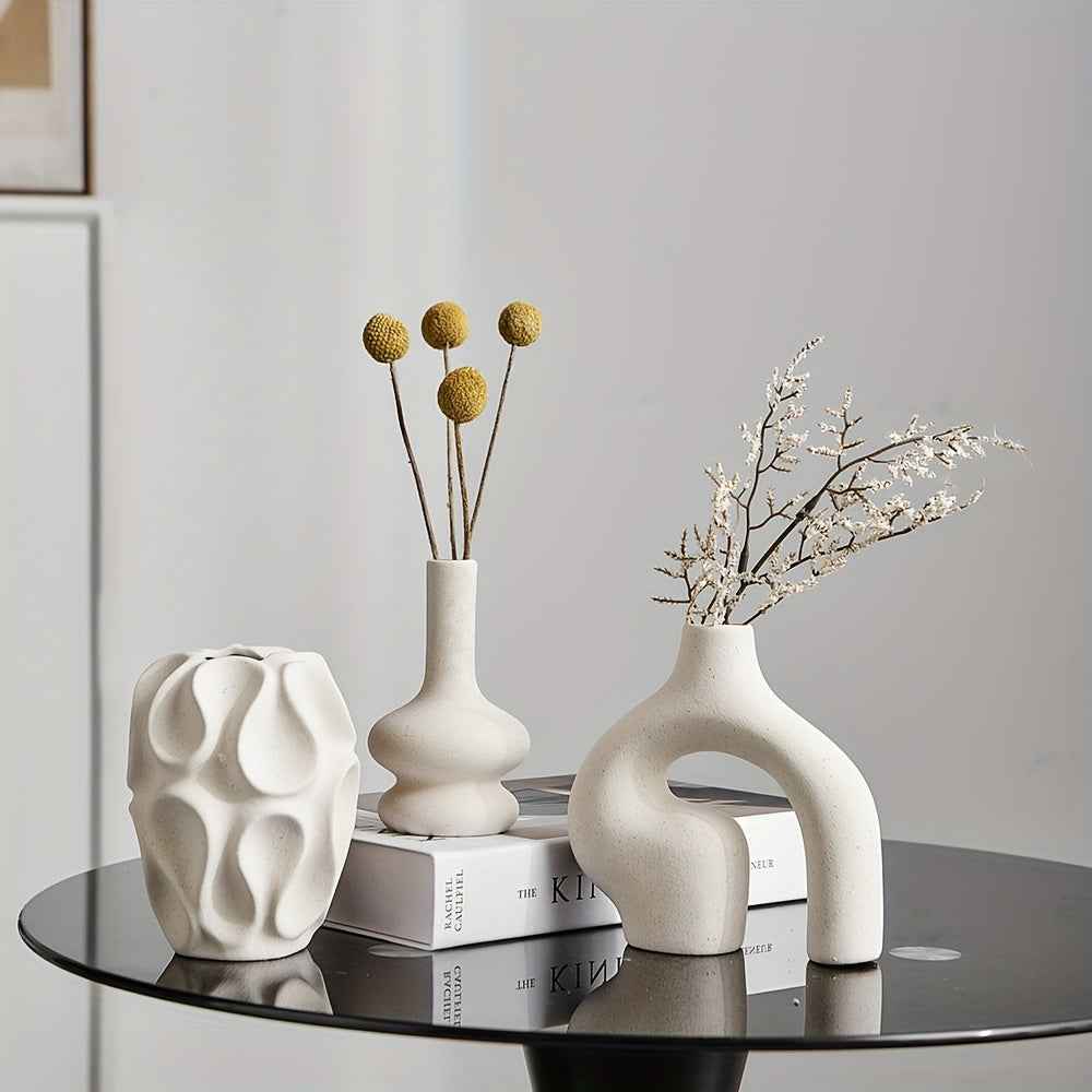 3pcs Boho Ceramic Vase Set - Modern Nordic Minimalist Round & Donut Shaped, Geometric Pattern, Ideal for Trendy Home Decor, Living Room, Entryway, Coffee Table - No Battery Required, Decorative Gift