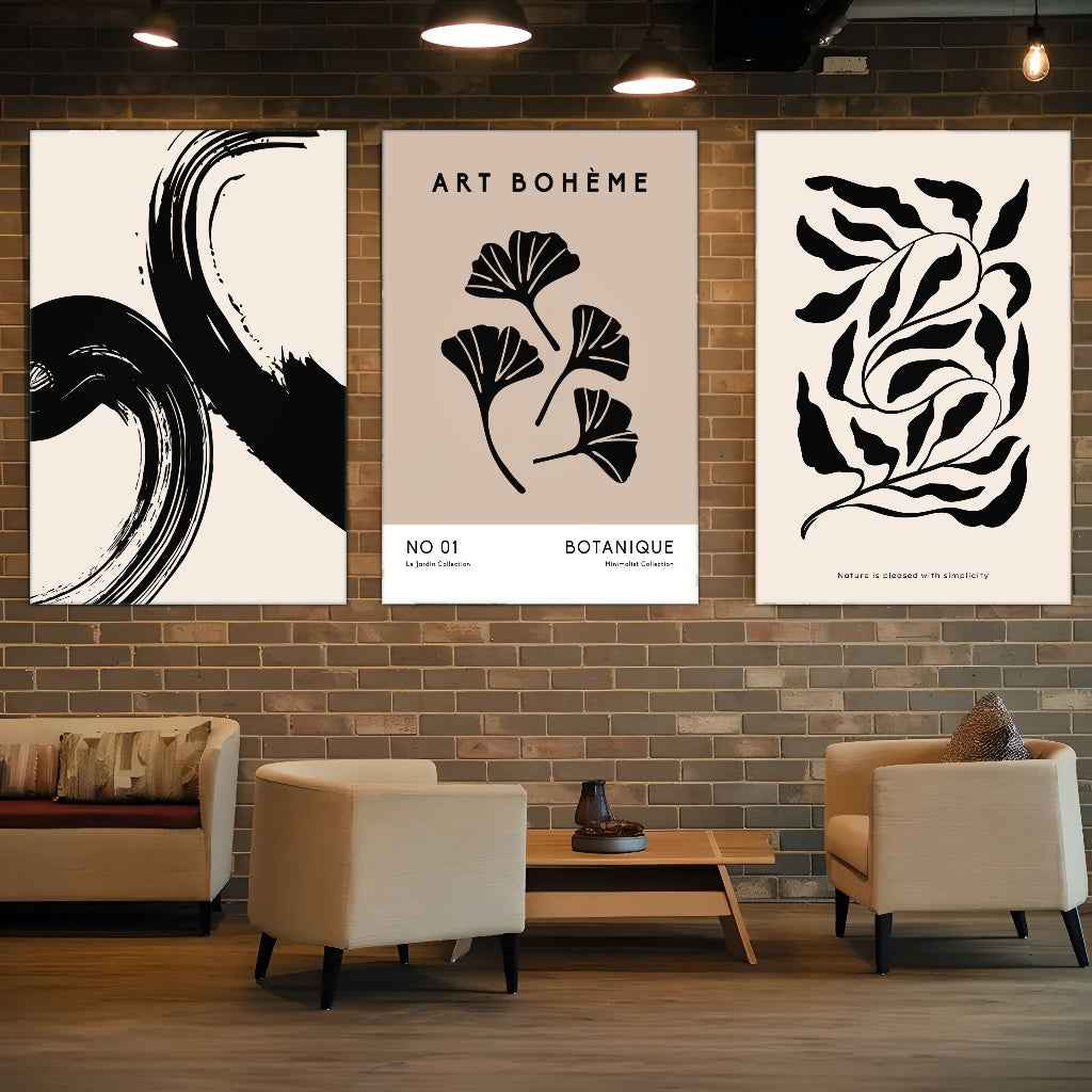 2D Flat 3pcs/set Canvas Painting Set, Contemporary Framed Artwork for Living Room & Dining Room - Wooden Frame DecorModern minimalist art, leaf poster, Bar, Cafe, Living Room, home and dormitory wall decoration, 2D Flat