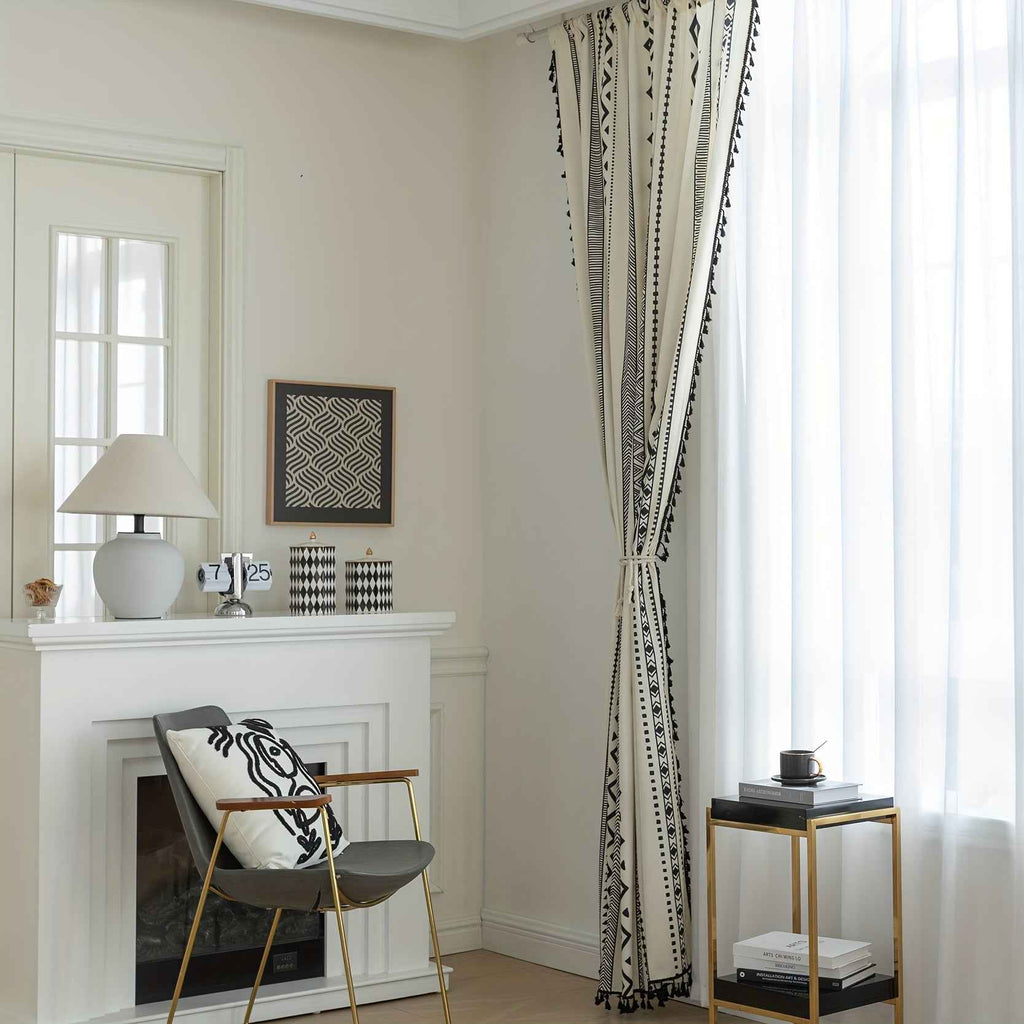 2 See Bohemian Black Geometric Tassel Kitchen Curtains, Black Modern Farmhouse Window Curtains for Bedroom, Living Room, Bathroom, Office - Polyester, Rod Pocket, Light Filtering, Washable