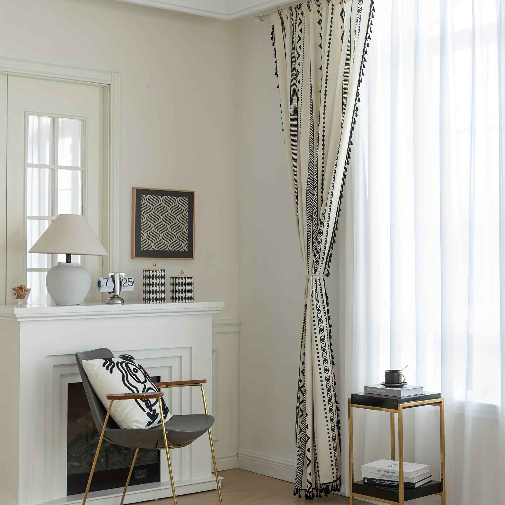 2 See Bohemian Black Geometric Tassel Kitchen Curtains, Black Modern Farmhouse Window Curtains for Bedroom, Living Room, Bathroom, Office - Polyester, Rod Pocket, Light Filtering, Washable