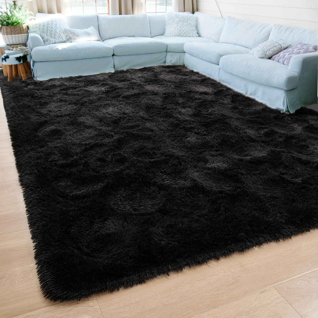 Extra Large Plush Mat - Ultra Soft Extra Thick Pile Black Modern Mat, Oversized Luxury Floor Mat for Living Room & Bedroom, Large Area Mat with Plush Texture, Durable Fiber, Black & Brown Beige Tones, Hand Washable, Jumbo Siz