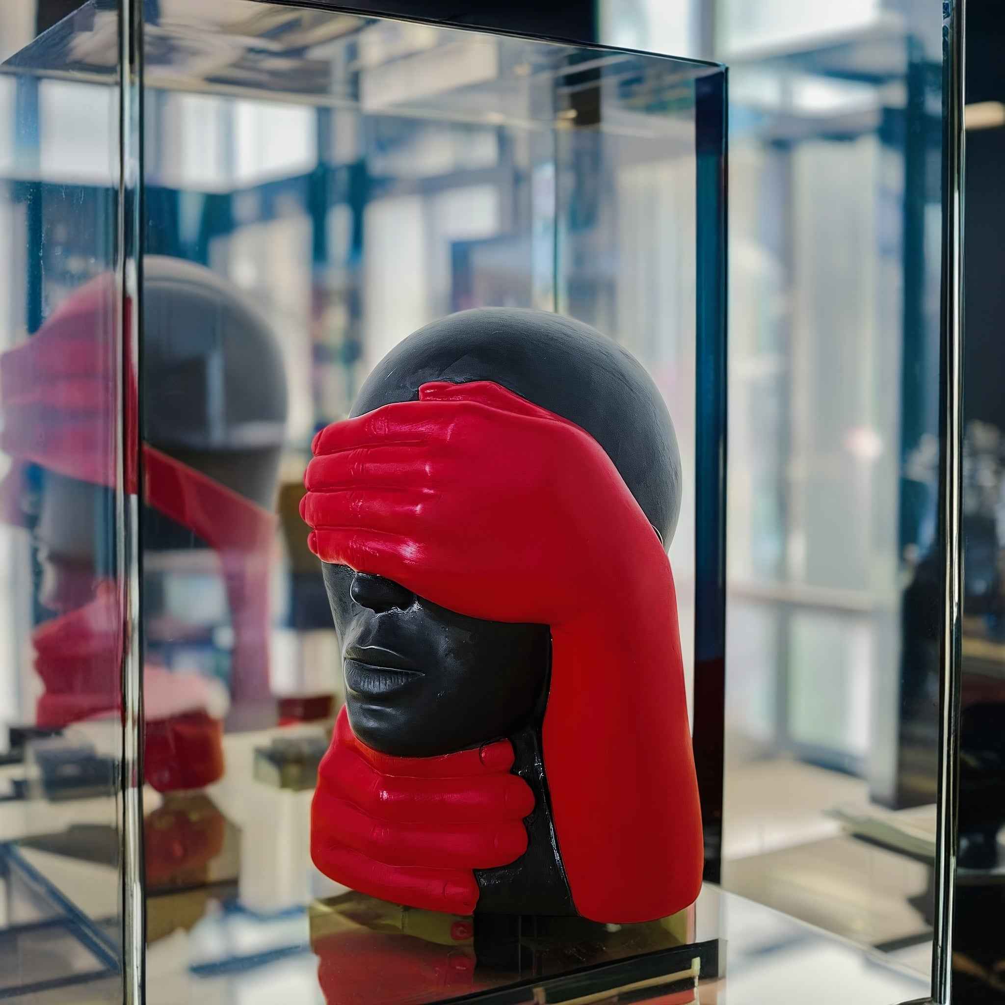 Modern Abstract Resin Sculpture - Hand-Covered Face Art Decor for Contemporary Home or Office, Black and Red Figurine, Unique Holiday Decoration, Holiday Decor Accent | Abstract Sculpture | Resin Construction, Statues for Hom