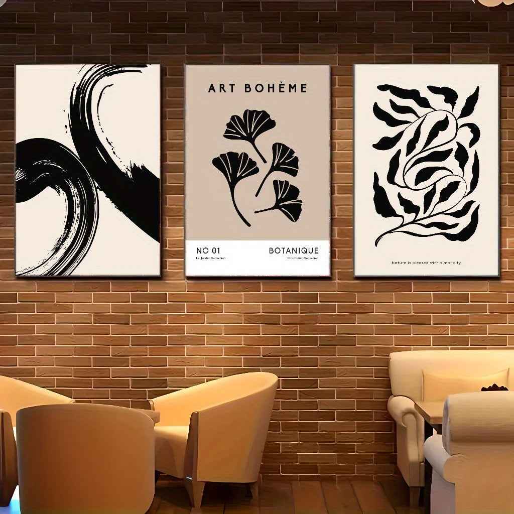 2D Flat 3pcs/set Canvas Painting Set, Contemporary Framed Artwork for Living Room & Dining Room - Wooden Frame DecorModern minimalist art, leaf poster, Bar, Cafe, Living Room, home and dormitory wall decoration, 2D Flat